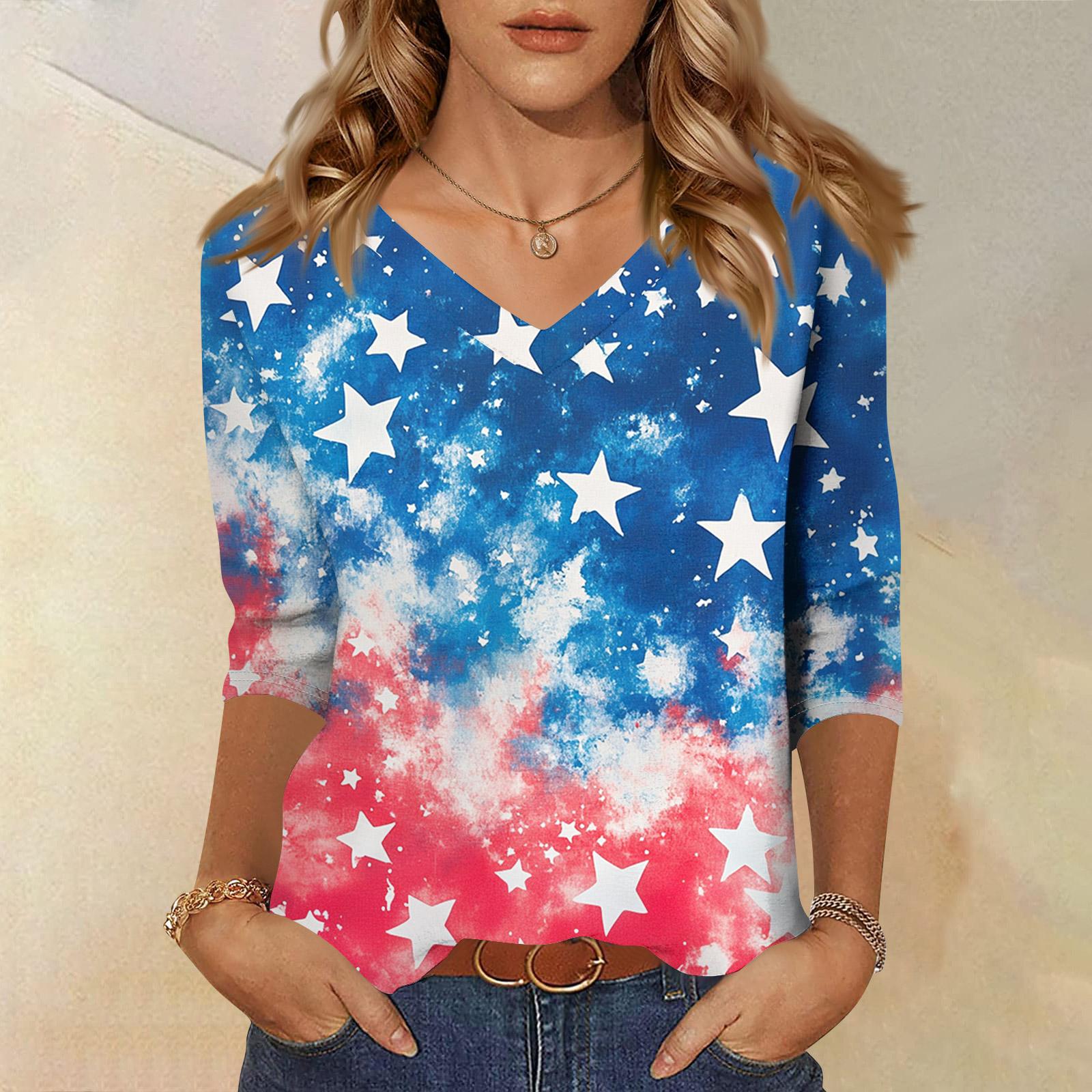 

Модный винтажный топ с рукавом 3/4 для женщин, женская повседневная футболка с рукавом три четверти, V-образным вырезом и принтом M синий