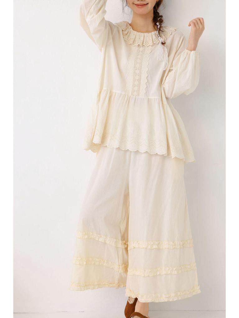 2026 New Style Women's Pure Cotton Long Sleeve Doll Shirt with Lace Collar and Heavy Embroidery