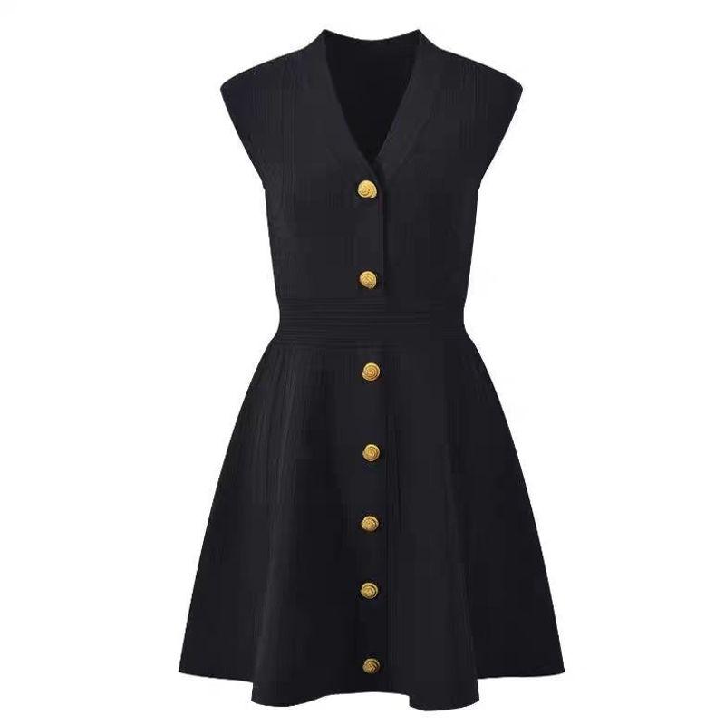

Western Style New Fashion Temperament Slim fit Slimming V-neck Sleeveless Knitted dress Sexy V-neck Dress Black L