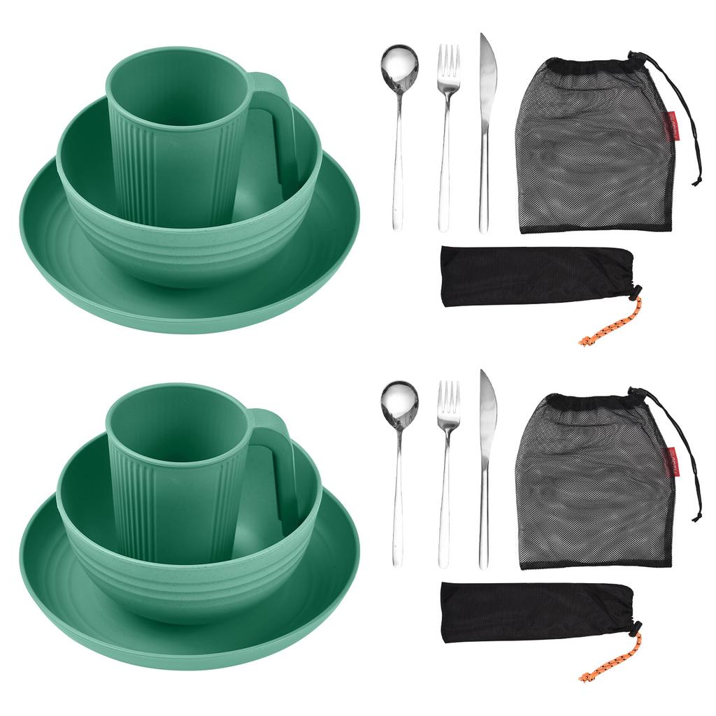 Camping Utensils Set for 1 Portable Wheat Straw Mess Kit with Bowl Plate Cup Fork Knife Spoon Outdoor Tableware & Picnicware