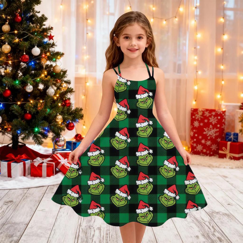 Children's Fashion Casual Christmas Print Off-Shoulder Punk Vintage Dress