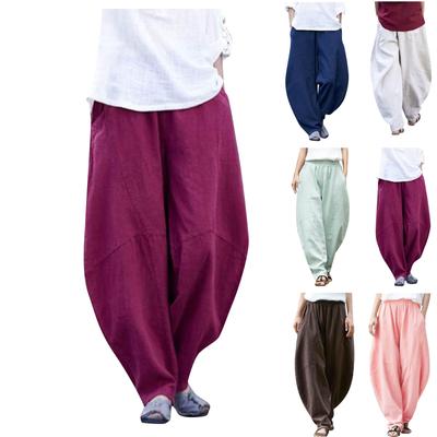Women's Fashion Casual Solid Color Casual Pants Cotton Linen Stitching  Meditation Pants With Pockets