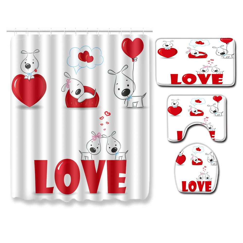 Valentine'S Day Toilet Shower Curtain Four-Piece Printed Floor Mat Set Bathroom Floor Mat Bedroom Absorbent Door Mat Carpet