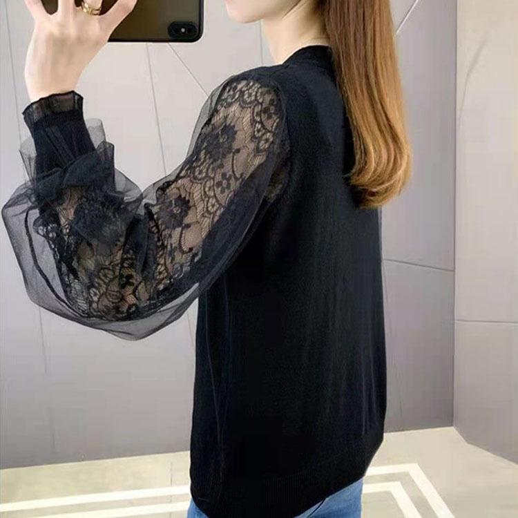 Hollow Out Ice Silk Knitted Shirt Women Spring 2023 New Lace Mesh Splice Underlay V-Neck Solid Long Sleeve Pullover Female Top