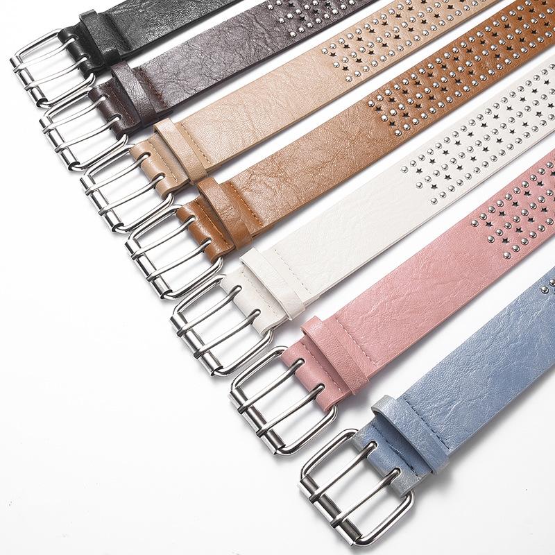 Punk Style Rivet Punching Personalized Women'S Belt Decorative Fan Pin Buckle Wide Belt
