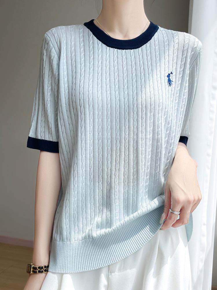 

Женская трикотажная футболка из лиоцелла Tencel с круглым вырезом, вышивкой и короткими рукавами M синий