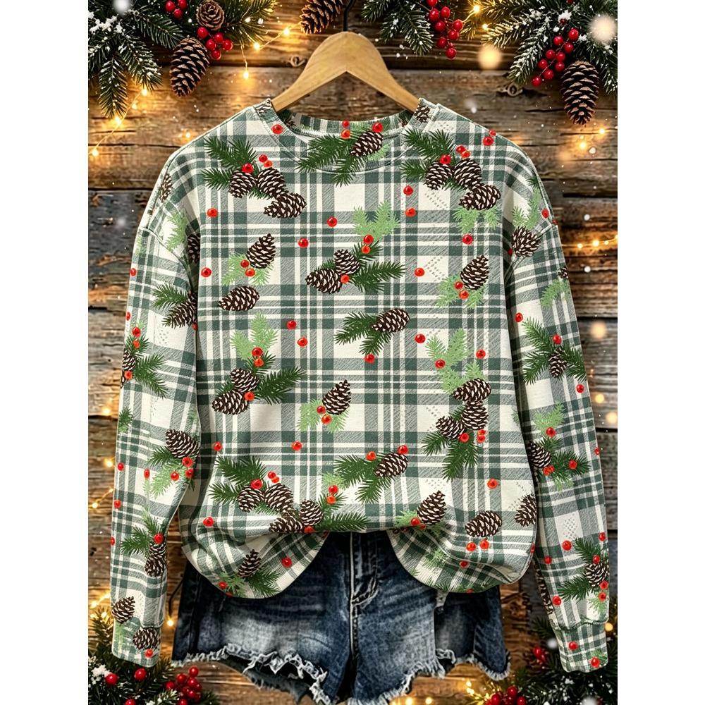 Women Long Sleeve T-shirt Round Neck Santa Reindeer Snowman