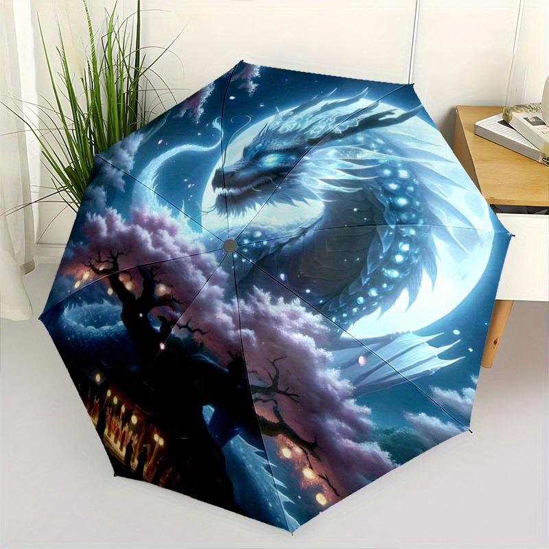 1pc Dragons Cherry Blossoms and Moonlit Festivities Automatic Opening/Closing Umbrella with Portable Tri-Fold Design, 8-Bone Iron Frame - Outdoor