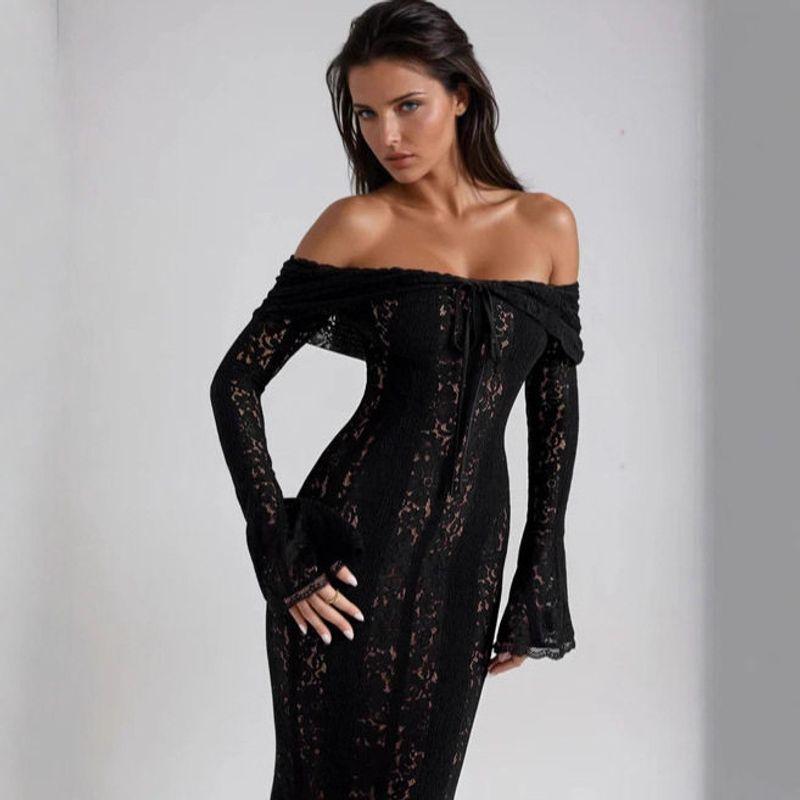 

European and American Cross-Border Lace Hollow-Out Off-Shoulder Flared Sleeve Bodycon Dress, Elegant and Sexy Strapless Waist-Cinching Evening Gown Black XS