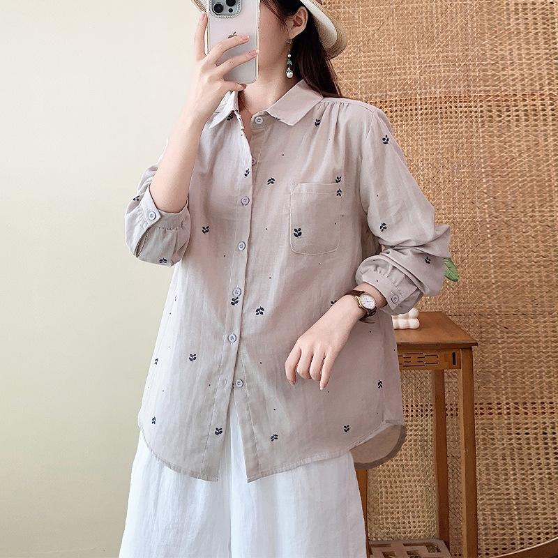 New Korean Temperament Casual Double-layer Cotton Yarn Pure Cotton Printed Shirt Women's Simple Design Versatile Lapel Shirt