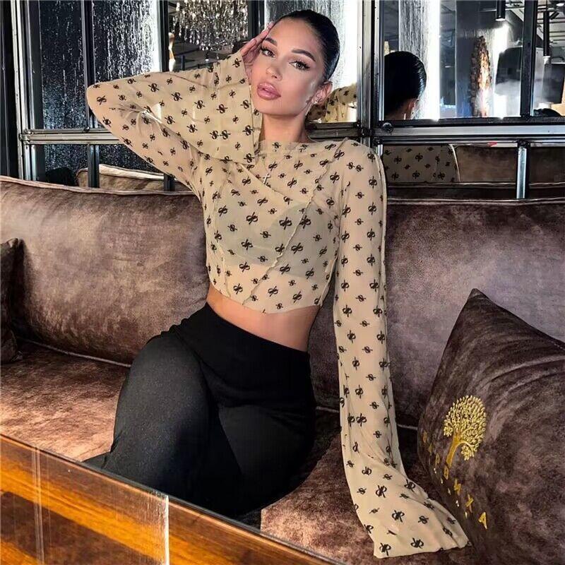 Damen Neues Spice Girls Sexy Durchsichtiges Netzoberteil Bedrucktes Langarm-T-Shirt Schlagärmel Saum