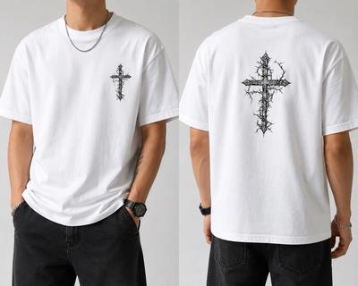 Gothic Cross T-Shirt Christian Thorn Cross Graphic Tee Front Back Print