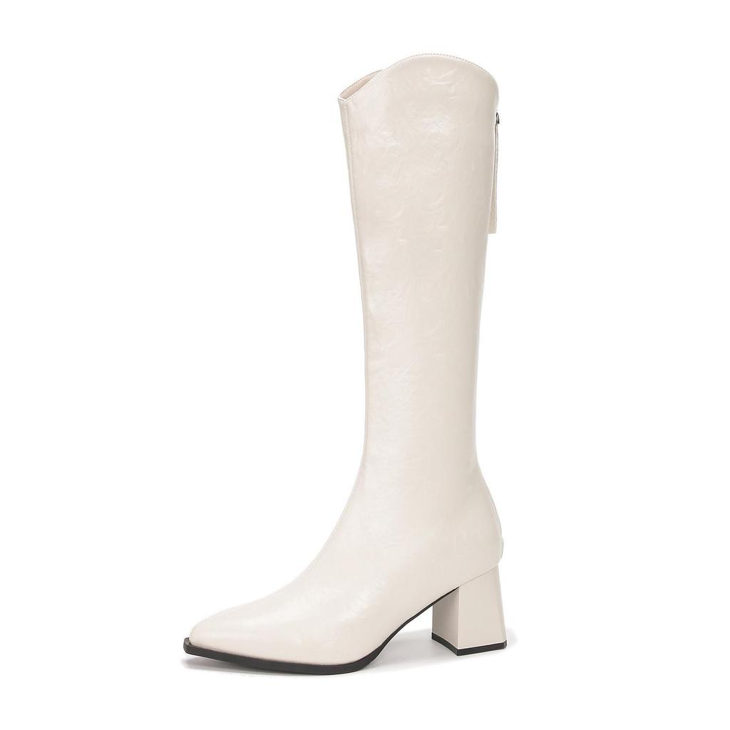 Dámské kozačky na středním podpatku - Podzimní/zimní móda, Silné podpatky, V-výstřih na zip, Měkká kůže, Špičatá špička, Ne přes koleno.