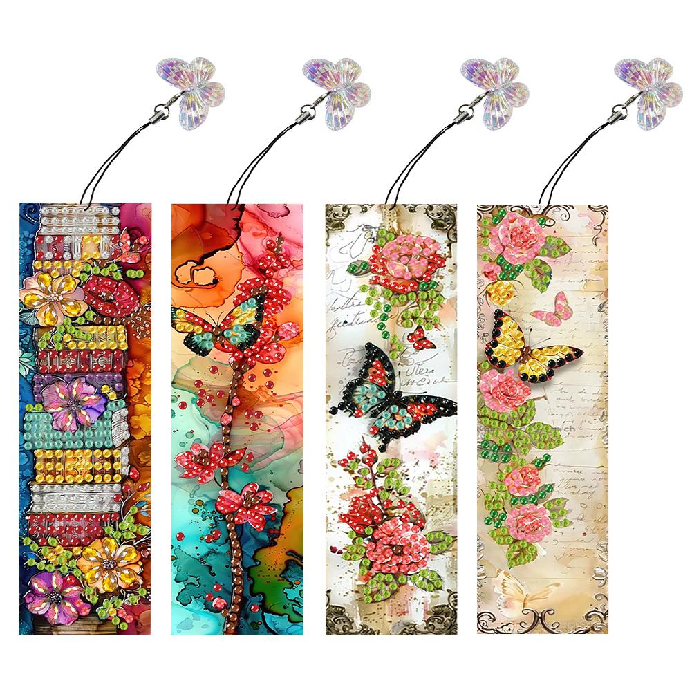 4Pcs Special Shaped Christmas Butterfly Flowers 5D DIY Diamond Art Book Mark Diamond Painting Bookmark Making Kit for Beginners