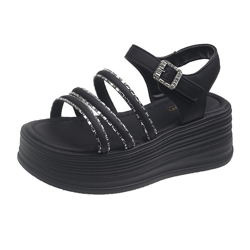 

Весенне-летние новые сандалии на толстой подошве с увеличением высоты женские на маленьком высоком каблуке с юбками французские со стразами с открытым носком пляжная обувь 40 чёрный