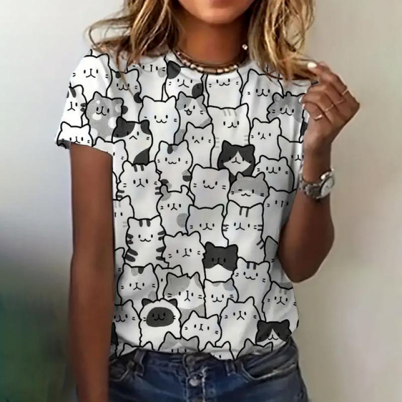 Women's T-shirt Summer Casual Crew Neck Short Sleeve Cute Cat Print Top Loose Half Sleeve Fashion Trend Clothing Women's T-shirt