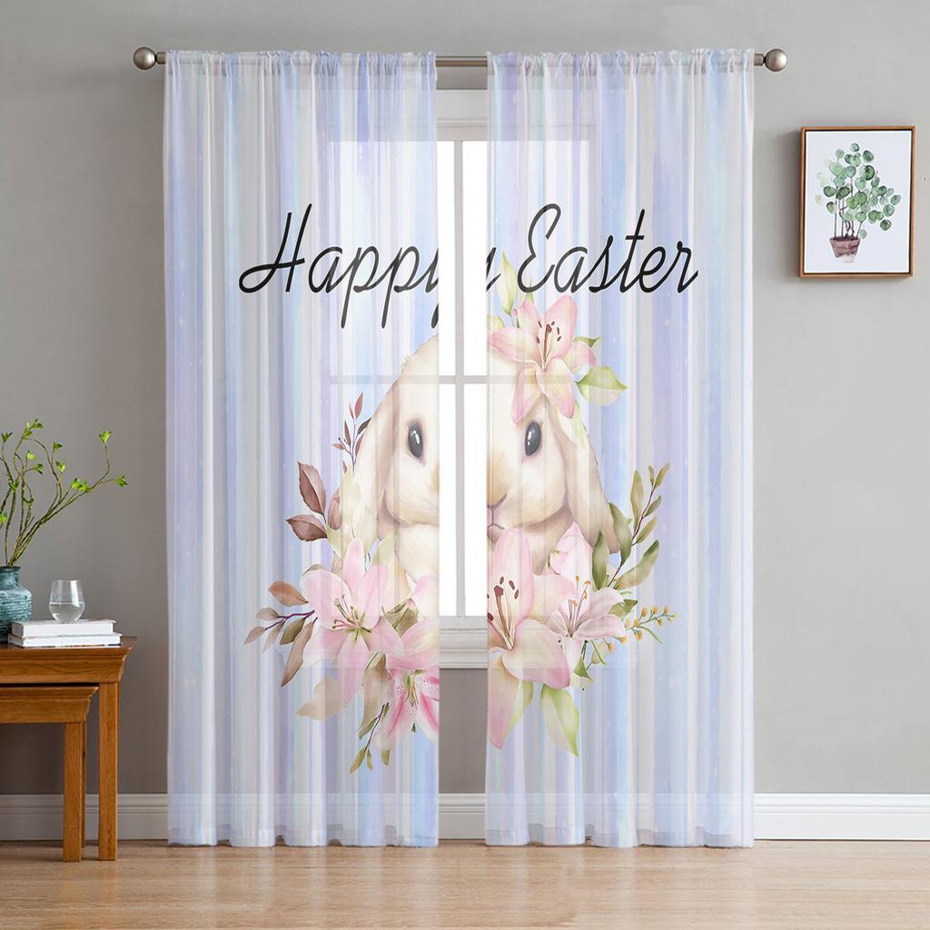 Oster-LKW Hase Schmetterling Kirschblüte Transparente Vorhänge für Wohnzimmer Voile-Vorhang Schlafzimmer Tüllvorhänge Fensterdekoration
