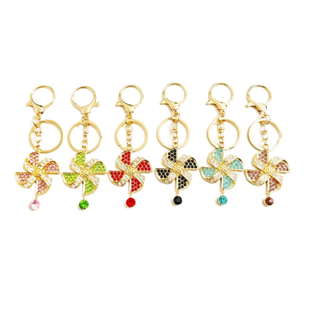 Rhinestone Windmill Key Ring with Plush Pom-Pom Pendant