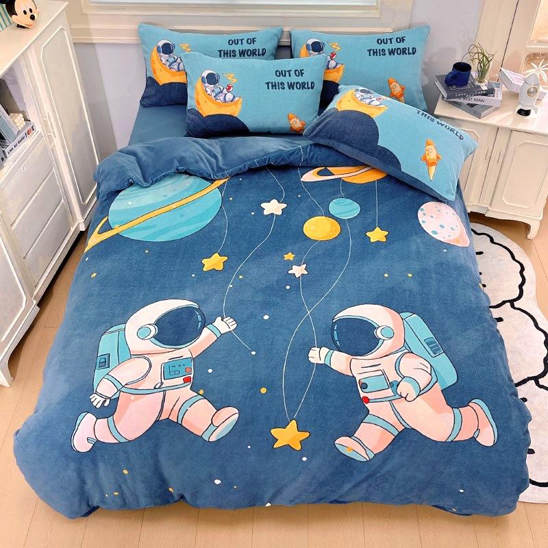 Thickened Milk Fleece Four-Piece Set, Fleece Astronaut Flange Coral Fleece Children'S Bed Sheet Quilt Cover Three-Piece Set Men
