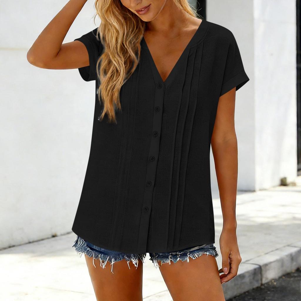 Womens  Tops Short Sleeve Button Down Shirts Casual V Neck T Shirts Pleated Front Loose Fit Tops