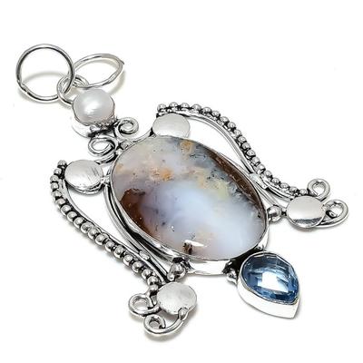 Natural Boulder Opal, Pearl Gemstone 925 Sterling Silver Pendant 3.47" A0m96