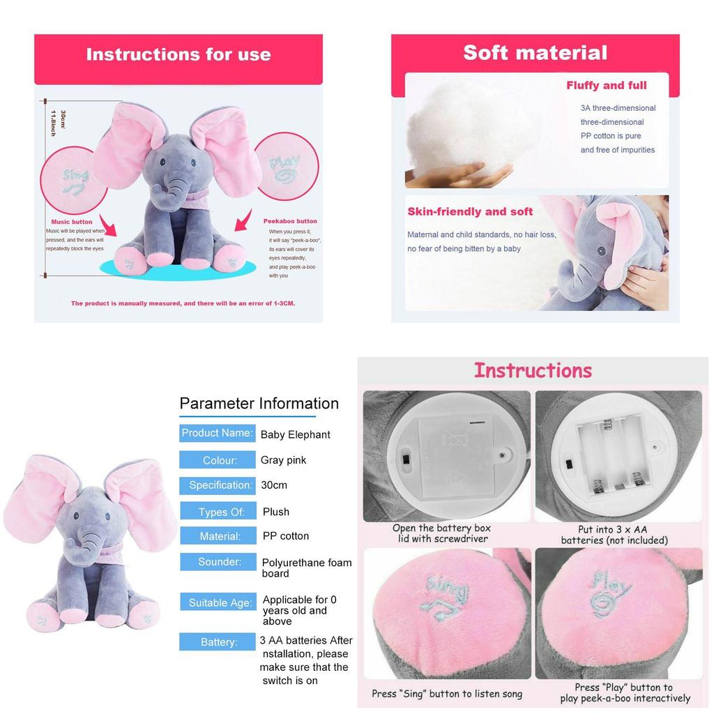 Elefant adorabil cu jocul „Peek-a-boo” și cântec, jucărie de pluș pentru bebeluși și copii, în roz și gri