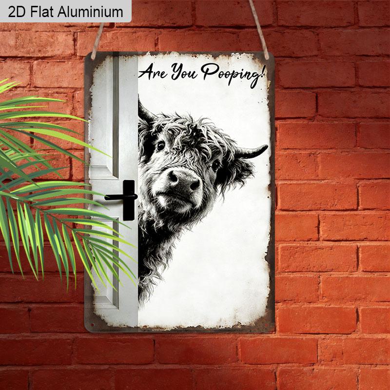 2D Flat, 1pc Vintage Humorous Aluminium Wall Art Sign "Are You Pooping!"- 8"x12" Aluminium Rustic Bathroom Decor, Funny Highland Cow Wall Art, Gag