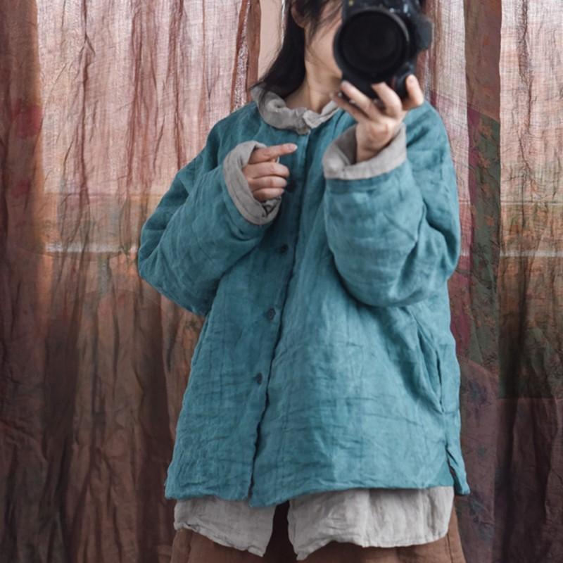 Johnature Women Vintage Parkas O-Neck Long Sleeve Solid Color Spring Coats Button Plus Cotton Chinese Style Parkas