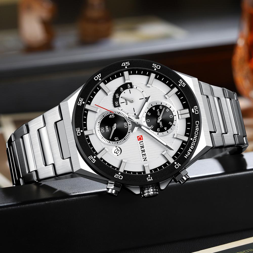CURREN Sporty Elegant 43mm Men's Chronograph Dial Watch with Stainless Steel Band Luminous Hands Quartzt Wristwatch for Men