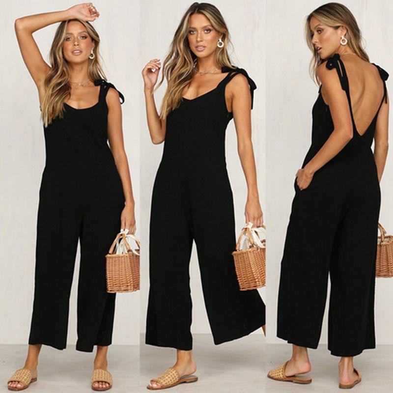 

Bow Tie Suspender Jumpsuit Summer Women clothes One-Piece Cropped Pants Bow Sling Jumpsuit Black XL