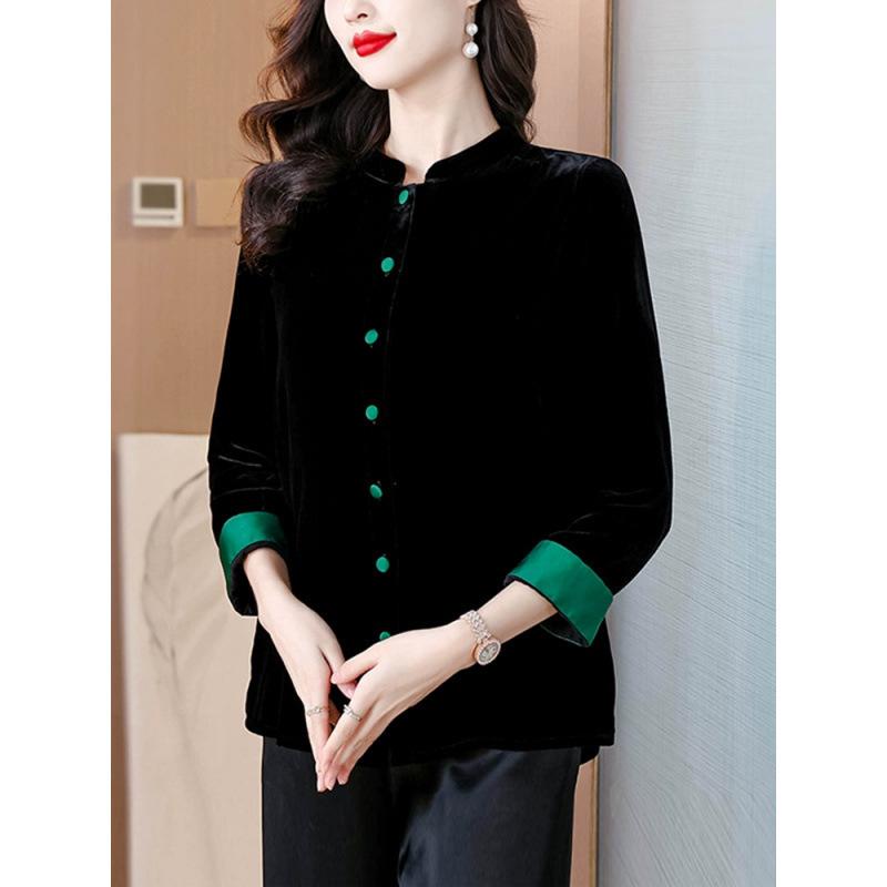 Damenmantel aus schwarzem Samt - Neuer chinesischer Stil Frühling/Herbst Lockerer Cardigan