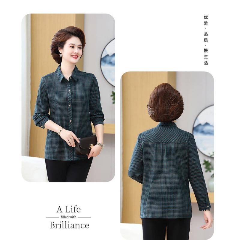 Middle-aged and Elderly Women's Spring and Autumn Tops Cotton Long-sleeved Shirts Women's Cotton Plaid Shirts