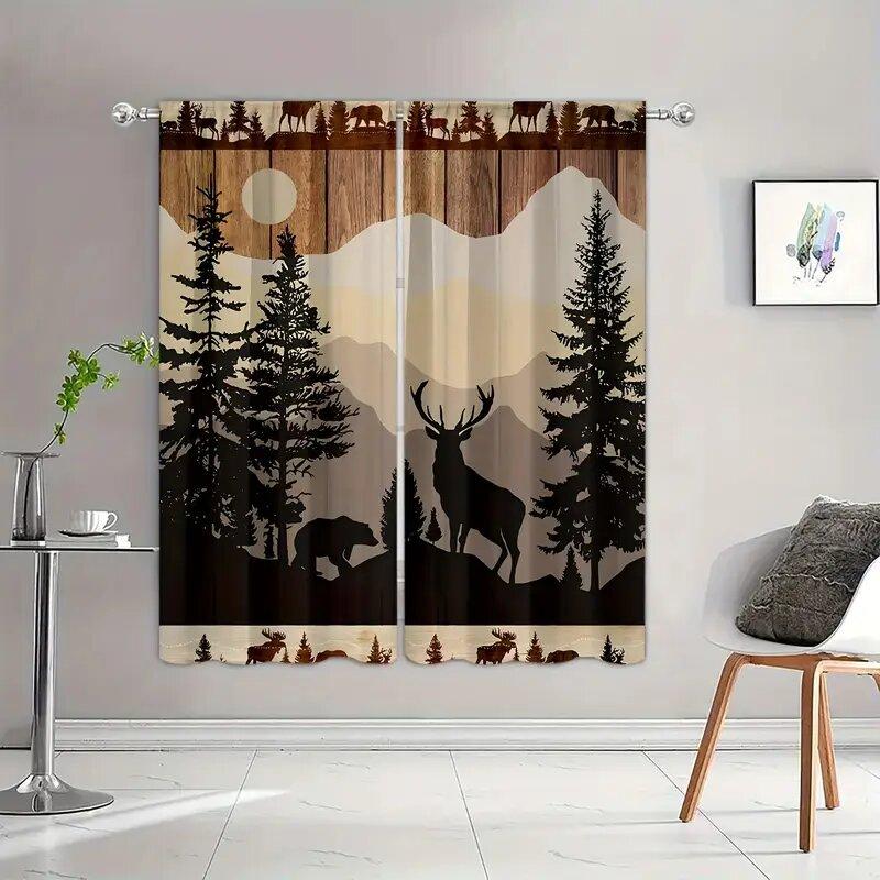 2 pieces of Simple forest animals   retro bears and deer printed curtains   pole bag curtains    home decoration   room decoration