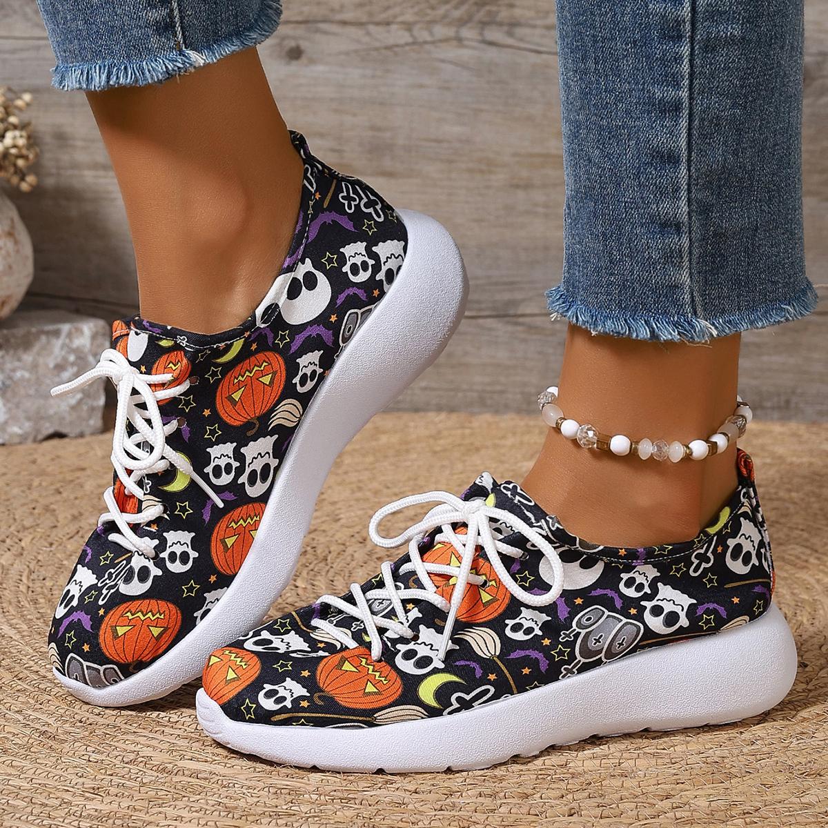 

Fashion Women Sneakers 2024 New Popular Flat Bottom Round Head Lace Up Casual Shoes Halloween Pumpkin Pattern Low Top Women Sports Shoes 42 чёрный