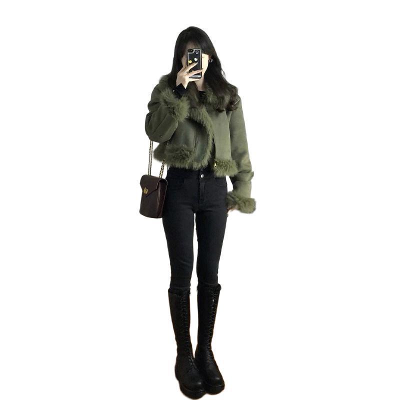 Women's Early Spring 2025 Imitation Fox Fur Petite Motorcycle Jacket