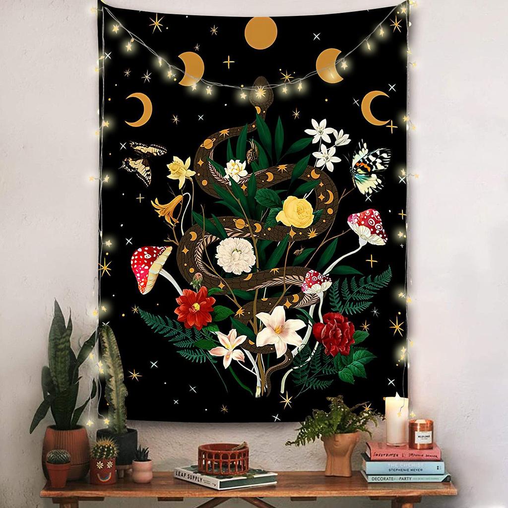 Garden tapestry moon phase tapestry flowers vines black background cloth home decoration wall carpet hanging cloth