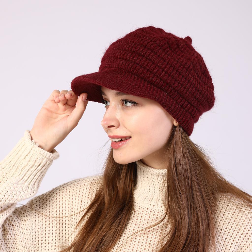 Autumn and Winter Women's New Striped Knitted Peaked Cap Plus Velvet Thickening To Keep Warm and Cold Proof Fashionable Woolen Hat Beret