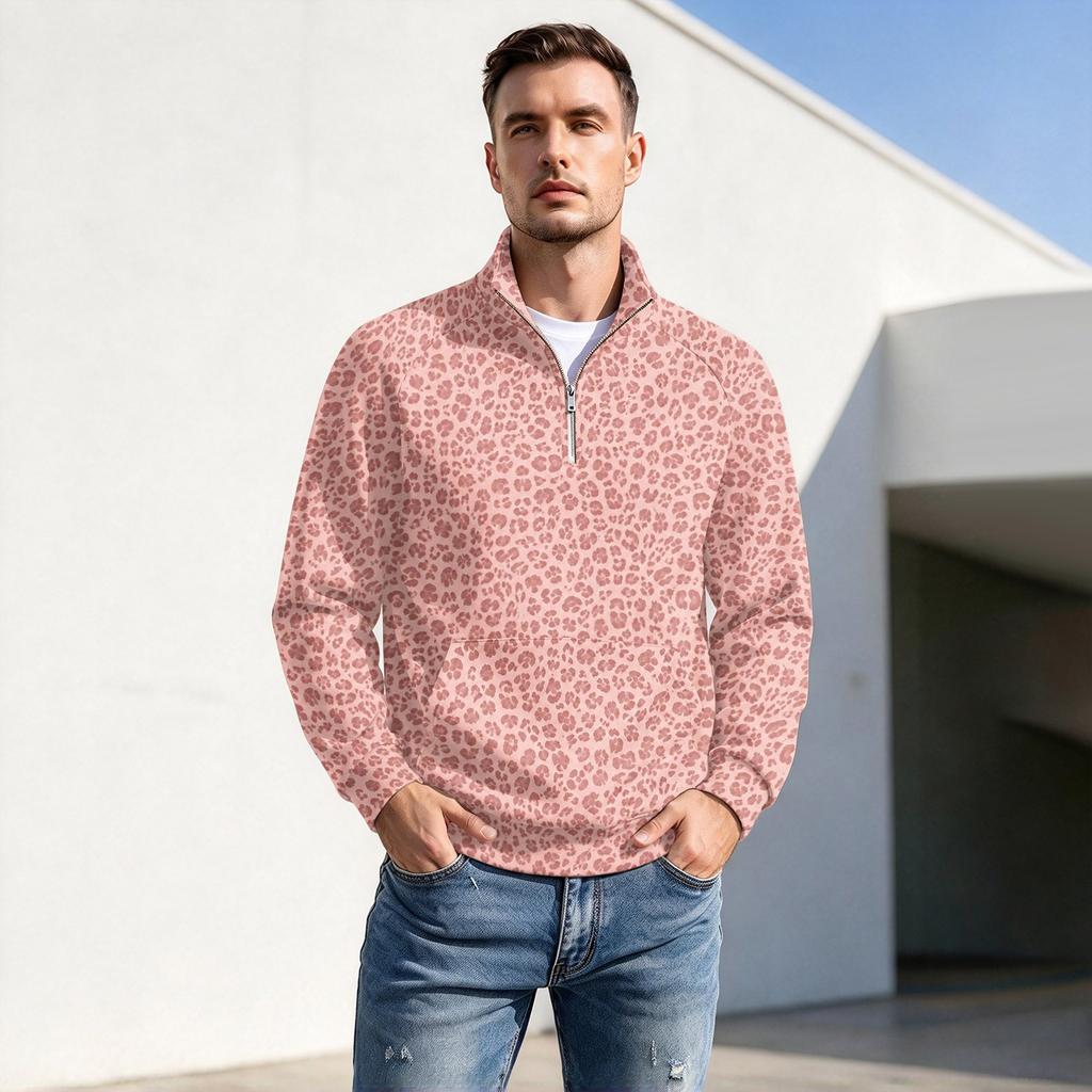 Herren Pullover mit Reißverschluss, Leopardenmuster, Stehkragen, Lässig, Knitterfrei, Sportliches Oberteil für Herbst Winter