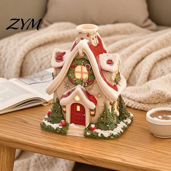 Cozy Winter Scene Display Christmas Snow House Incense Burner, Backflow Holder, Resin Craft Ornament for Windowsill Festive Xmas Desktop Figurine