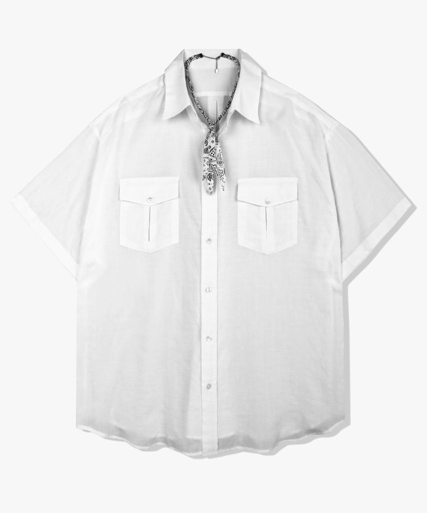 SSY [2Pack] Washed Check Linen 2-Pocket Loose Fit Half Shirt