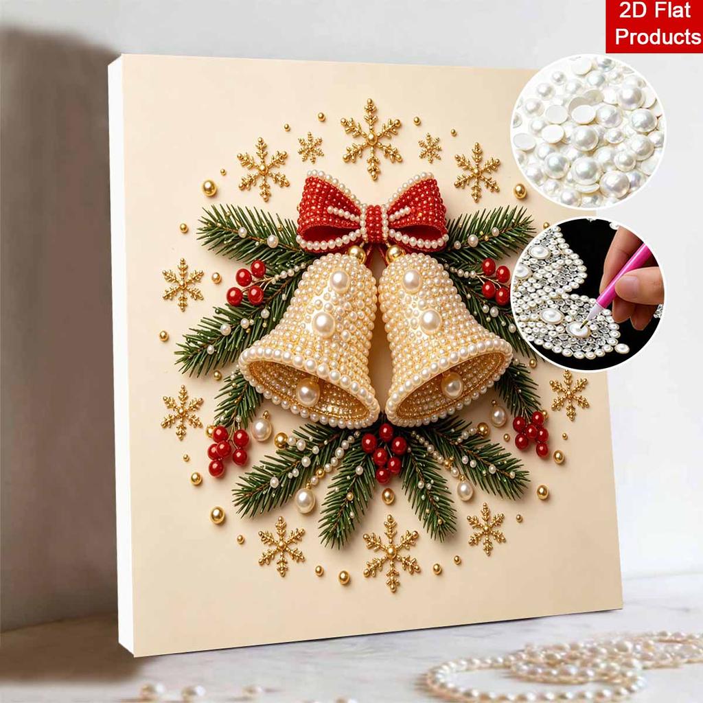 Framed Pearl Bead Art Set with Christmas Bells Design DIY Sparkling Canvas Painting Relaxing Hobby Gift for Holiday Room Decoration