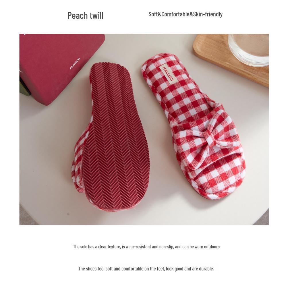 Four Seasons Plaid Bow TPR Sole Non-Slip Durable Women's Indoor Slippers