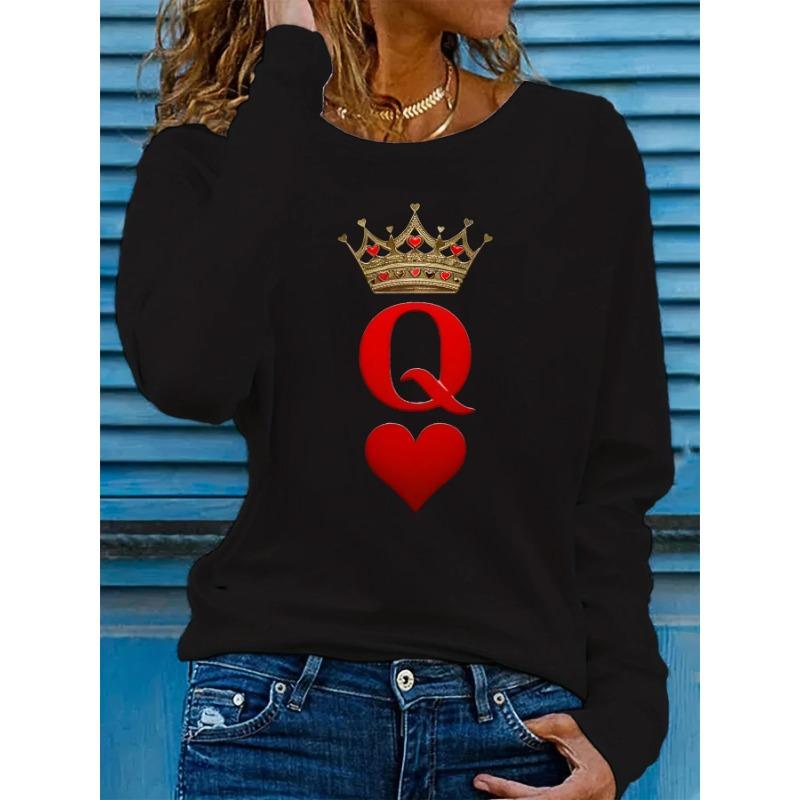 

Women s Spring and Autumn Comfortable Casual Long Sleeved Playing Cards Q Queen Pattern Printed Round Neck T-shirts S