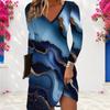 Women Plus Size V Neck Long Sleeve Printed Light Blue A Line Dress
