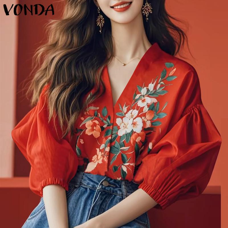 

VONDA Women Summer V Neck 3/4 Sleeve Floral Print Smooth Casual Blouse Tops красный