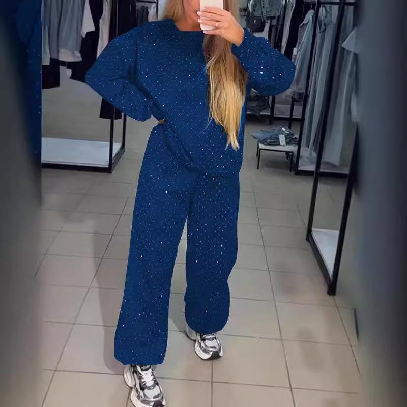 Autumn/Winter 2024 Women's Round Neck Rhinestone Hoodie & Sweatpants Set