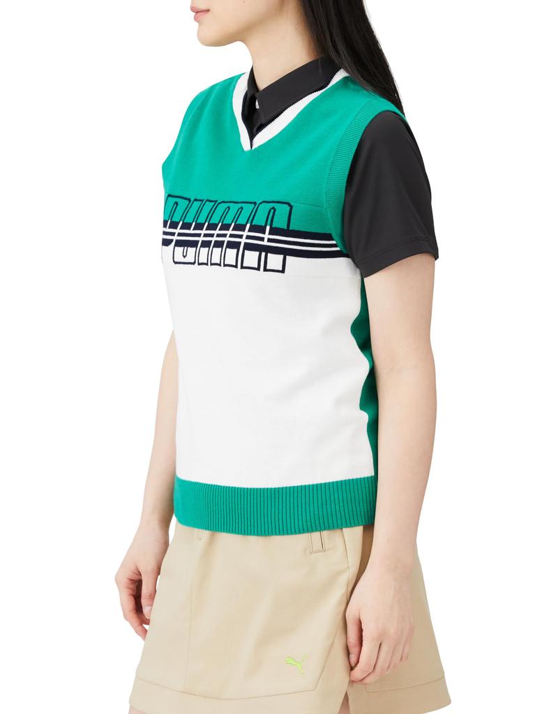 Kamizelka golfowa GOLF W Bawełniana z logo Dzianinowa Błyszcząca Zielona [PUMA] Kamizelka z dekoltem w serek/627701 Damska