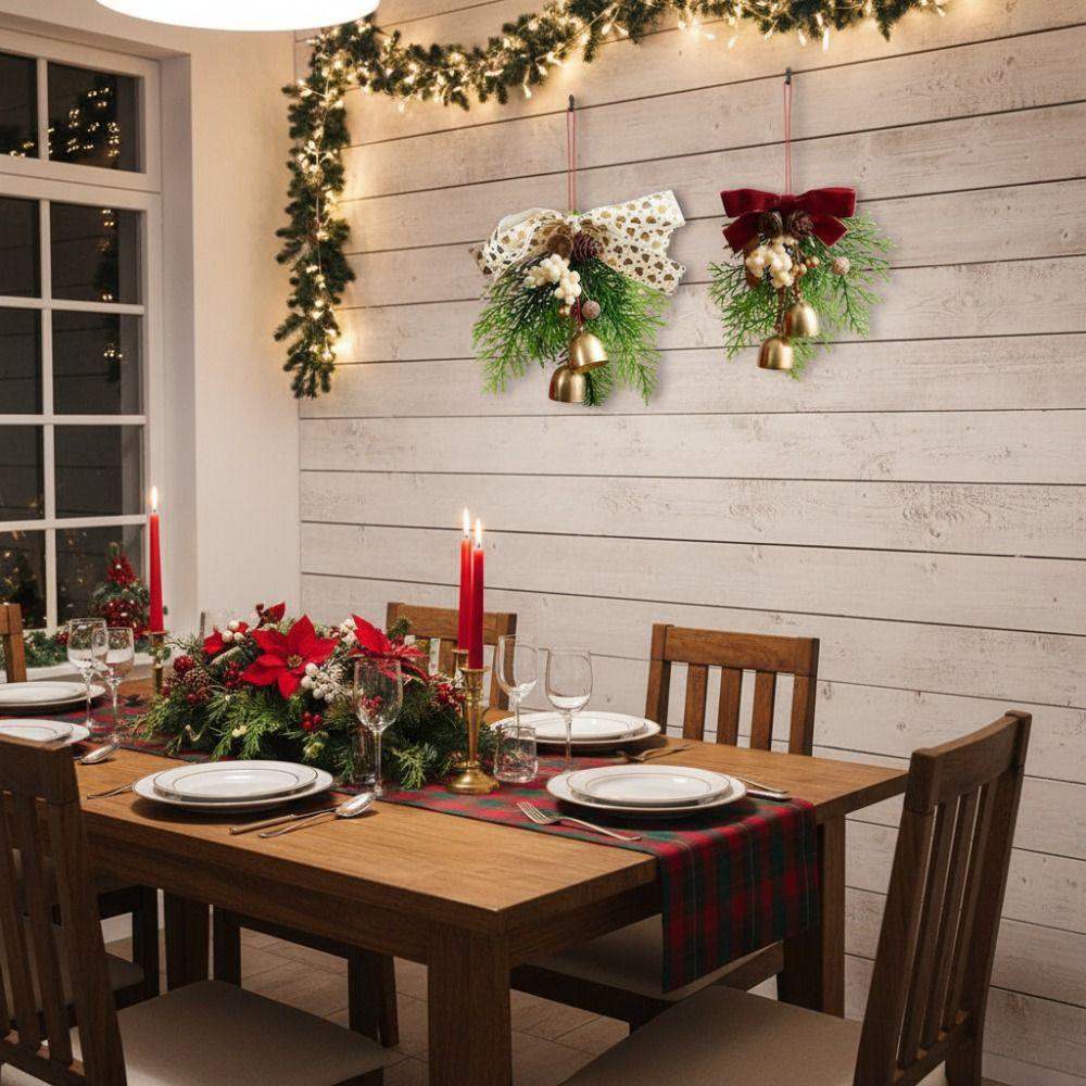 Creative Christmas Bell Pendant Velvet Bow Crisp Sound Xmas Tree Pendant with String 3D Christmas Jingle Bells Entrance Porch