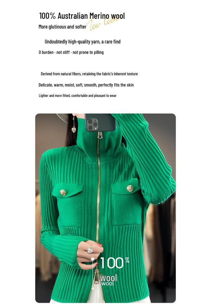 Women's Slim-Fit Stand Collar 100% Pure Wool Sweater - Autumn/Winter Knit Cardigan, Skin-Friendly Base Layer Outerwear