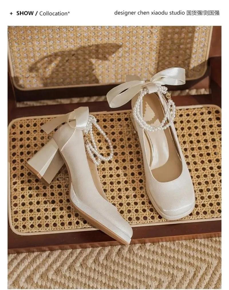 2024 New Red Bow Pearl Mary Jane Platform Waterproof Lolita Heels for Women Chunky Wedding Shoes Single Shoe